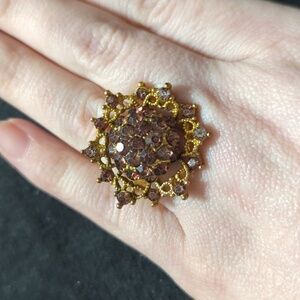 Gold Tone Brown Rhinestone Filagree Adjustable Statement Cocktail Ring